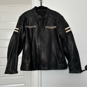 Men's Black Motorcycle Leather Jacket with White Stripes Size Large